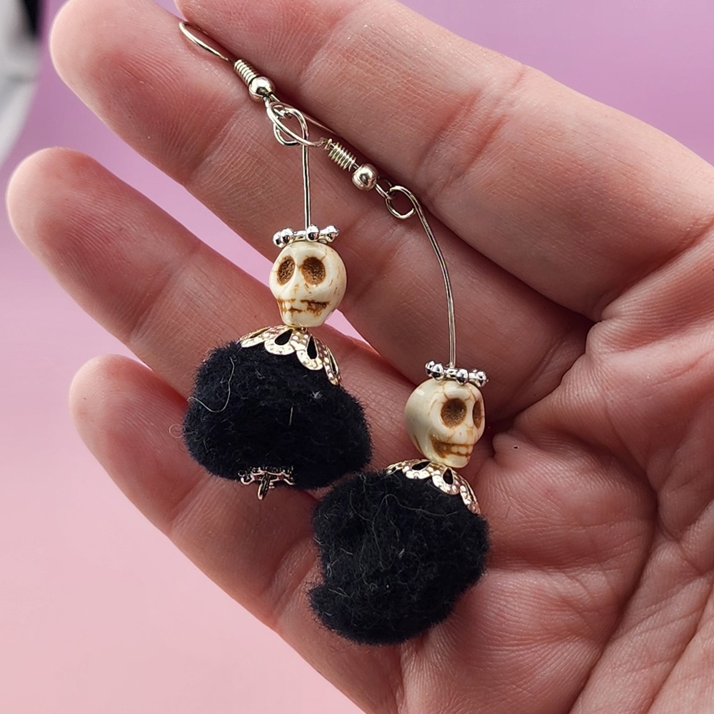 Skull Crossbones Dangle Earrings Black Pom Pom Ivory Beads Gothic Halloween